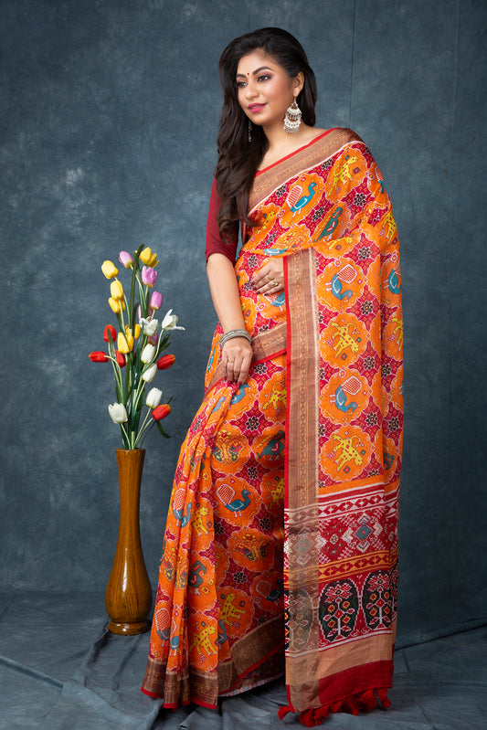 Linen patola digital printed saree