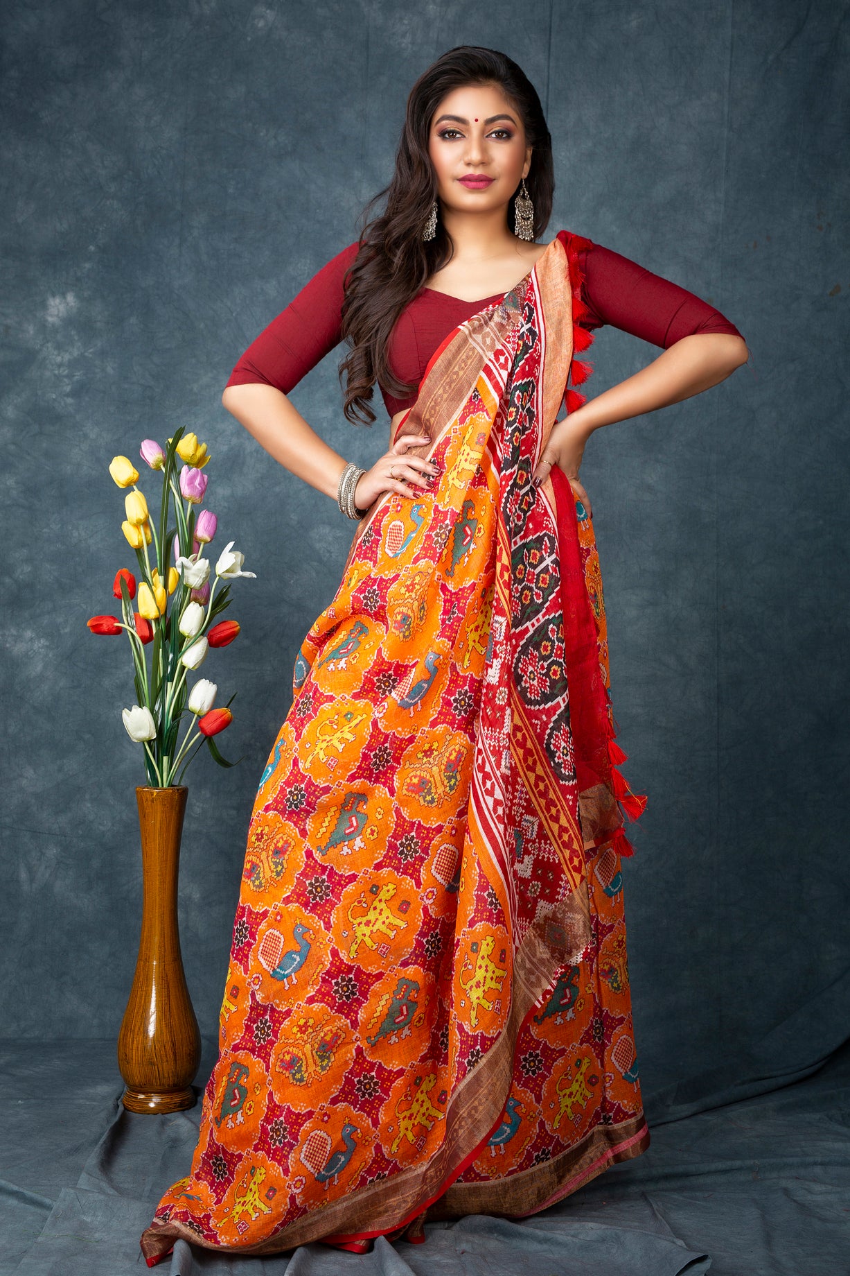 Linen patola digital printed saree