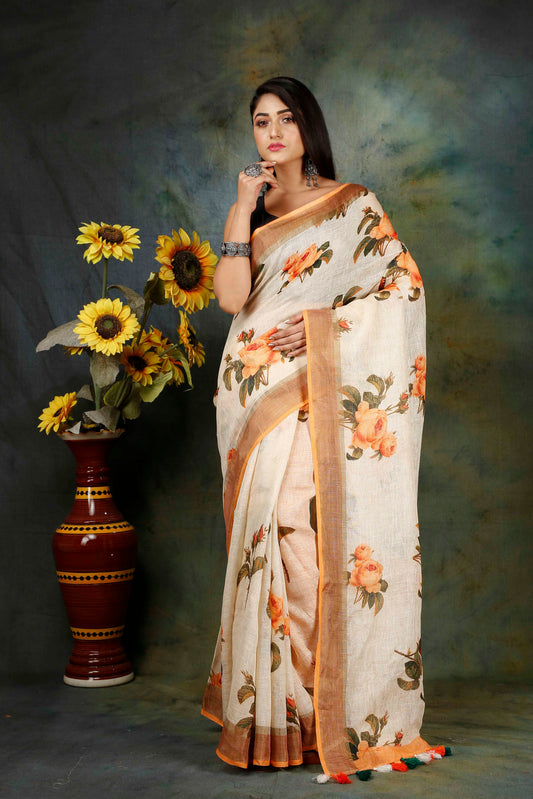 Peach floral digitally printed linen saree