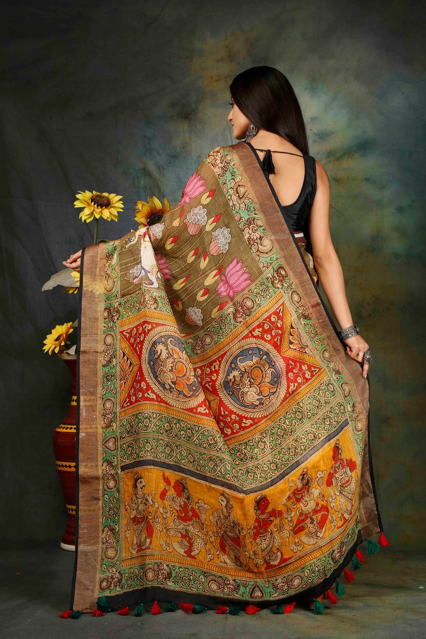Tussar silk kalamkari digitally printed saree