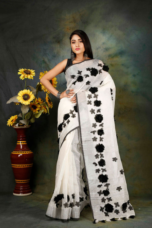 Linen aplique embroidered white & black saree