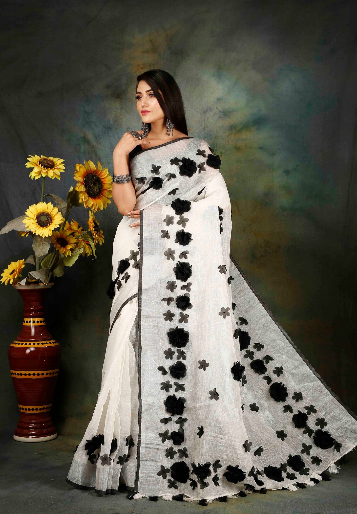 Linen aplique embroidered white & black saree