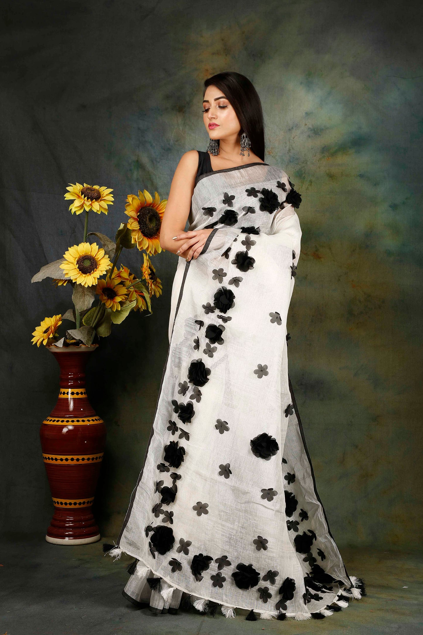 Linen aplique embroidered white & black saree