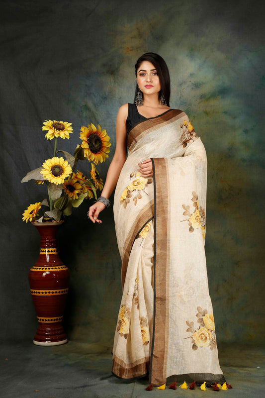 Yellow brown digitally printed linen saree