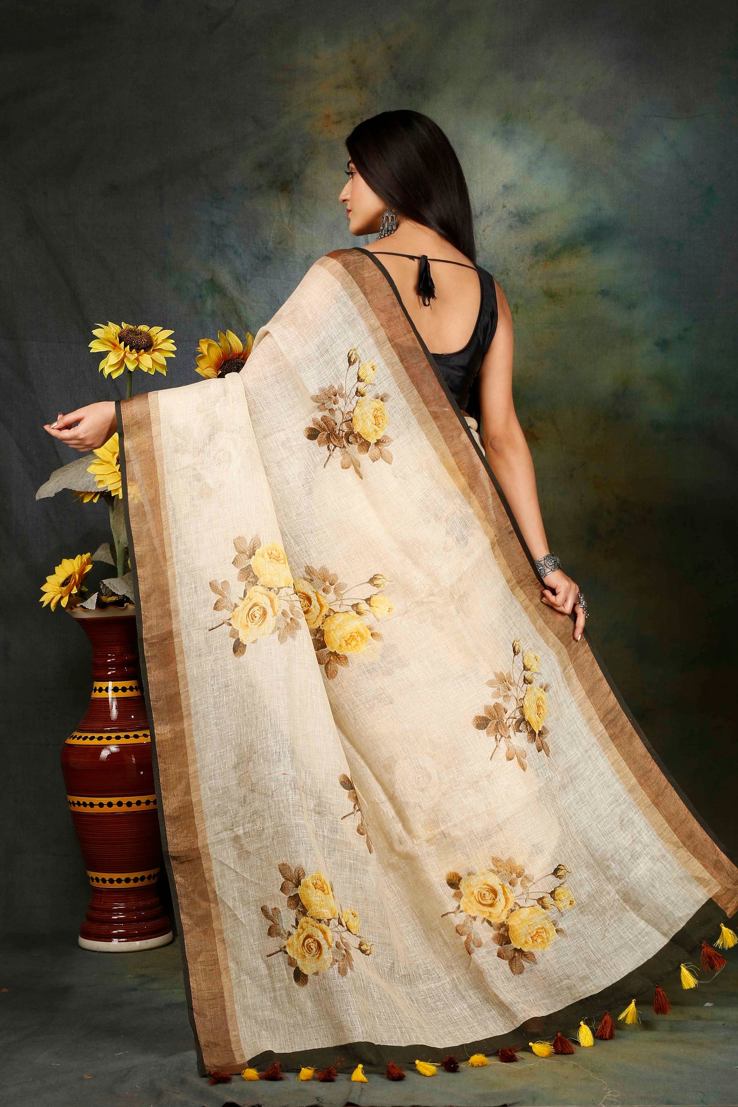 Yellow brown digitally printed linen saree