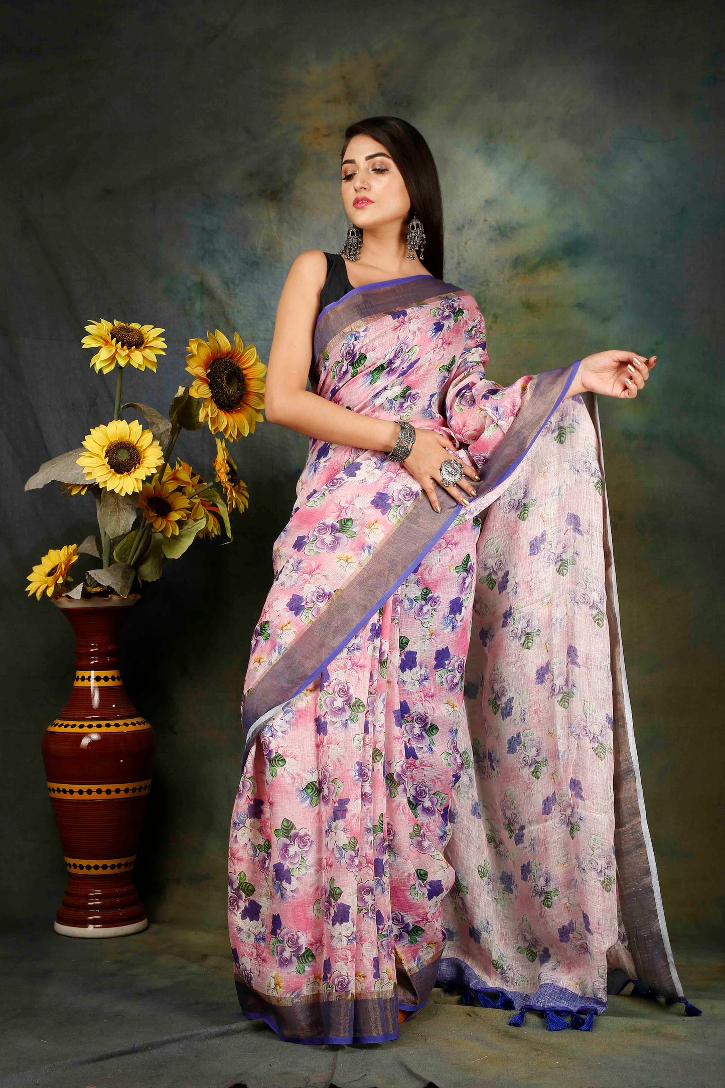 Purple pink Floral digitally printed linen saree