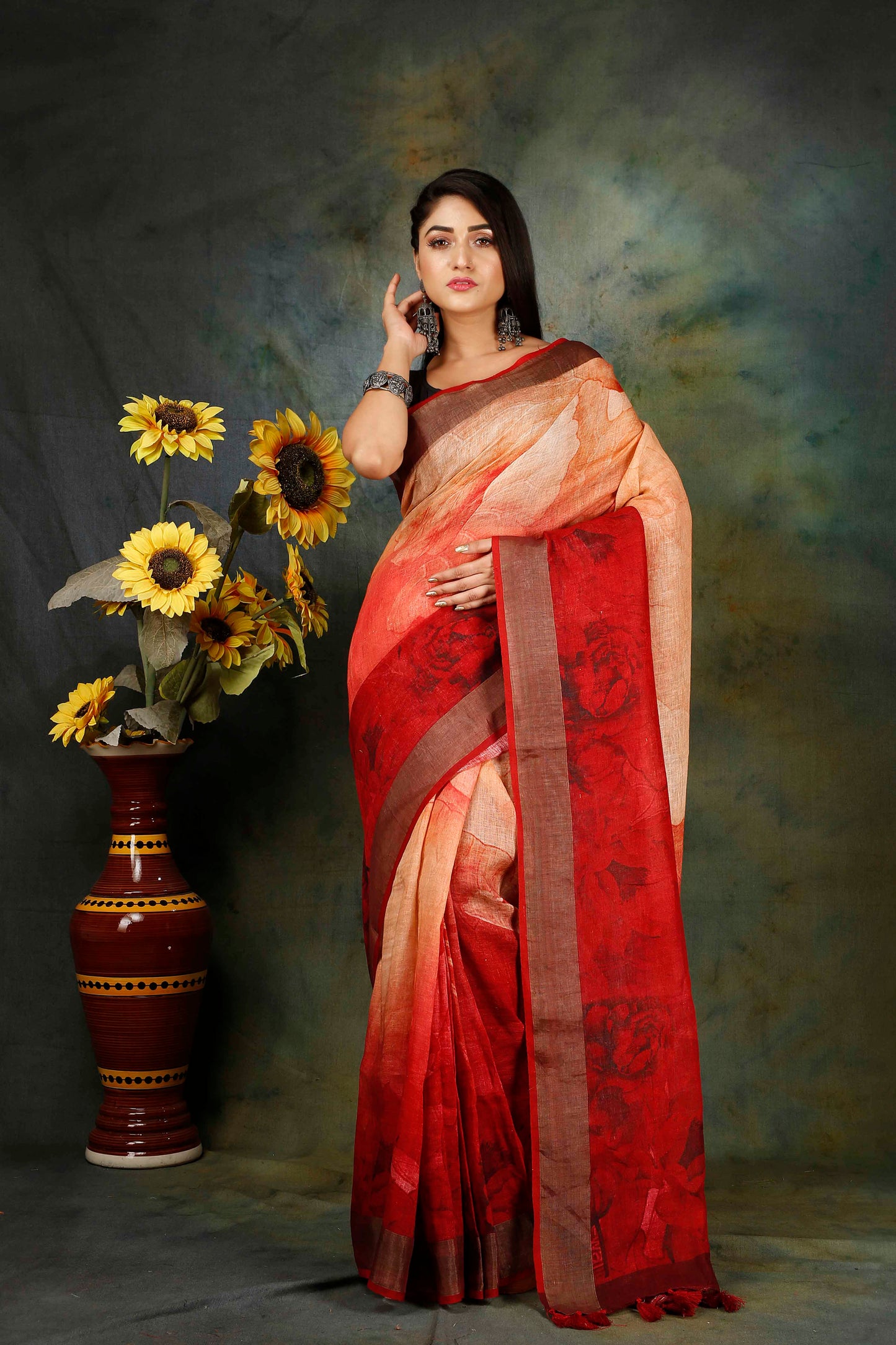 Gradient red digitally printed linen saree