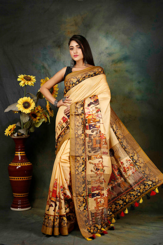 Tussar silk digitally printed kalamkari saree