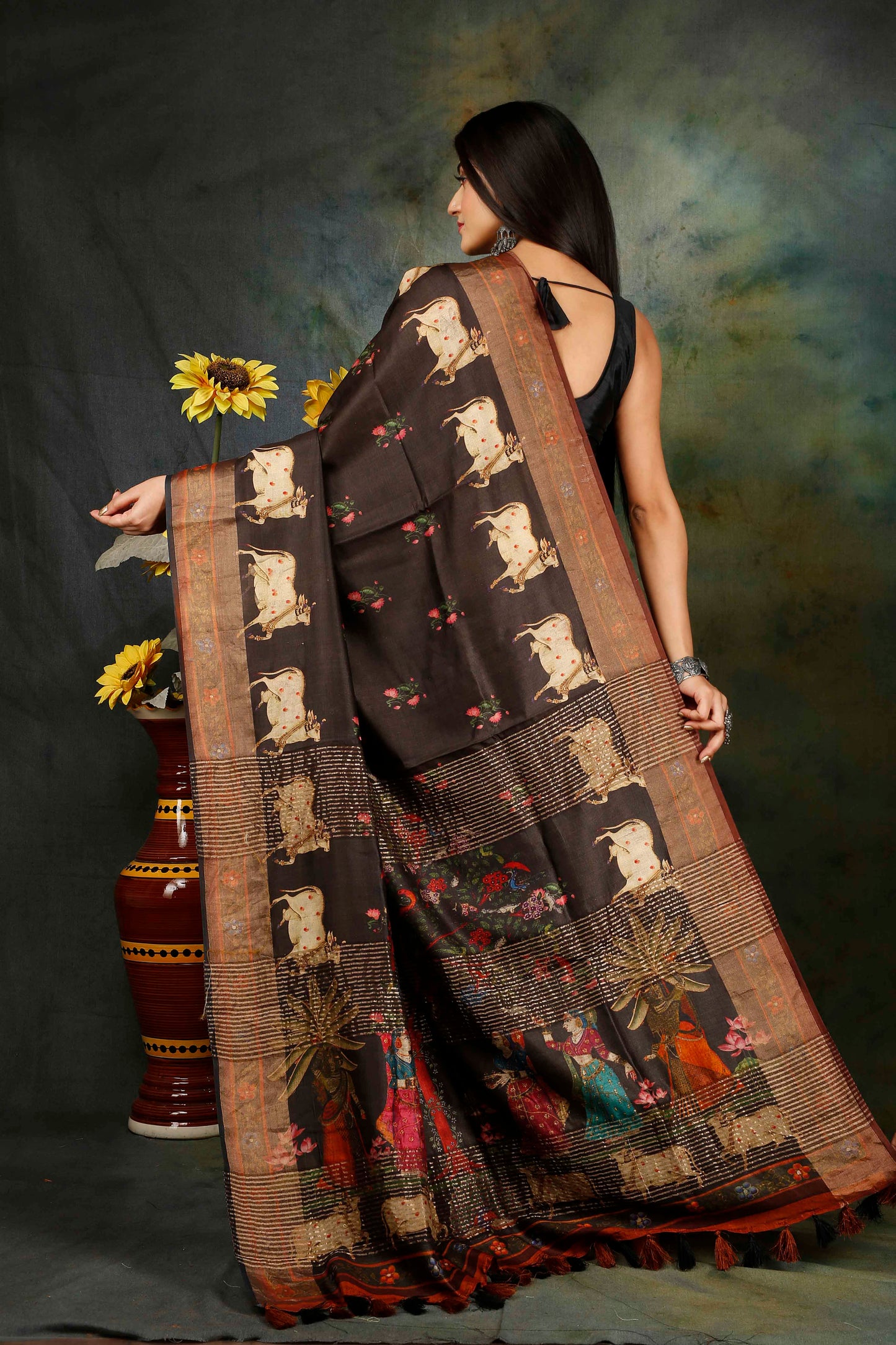 Tussar silk digitally printed kalamkari saree