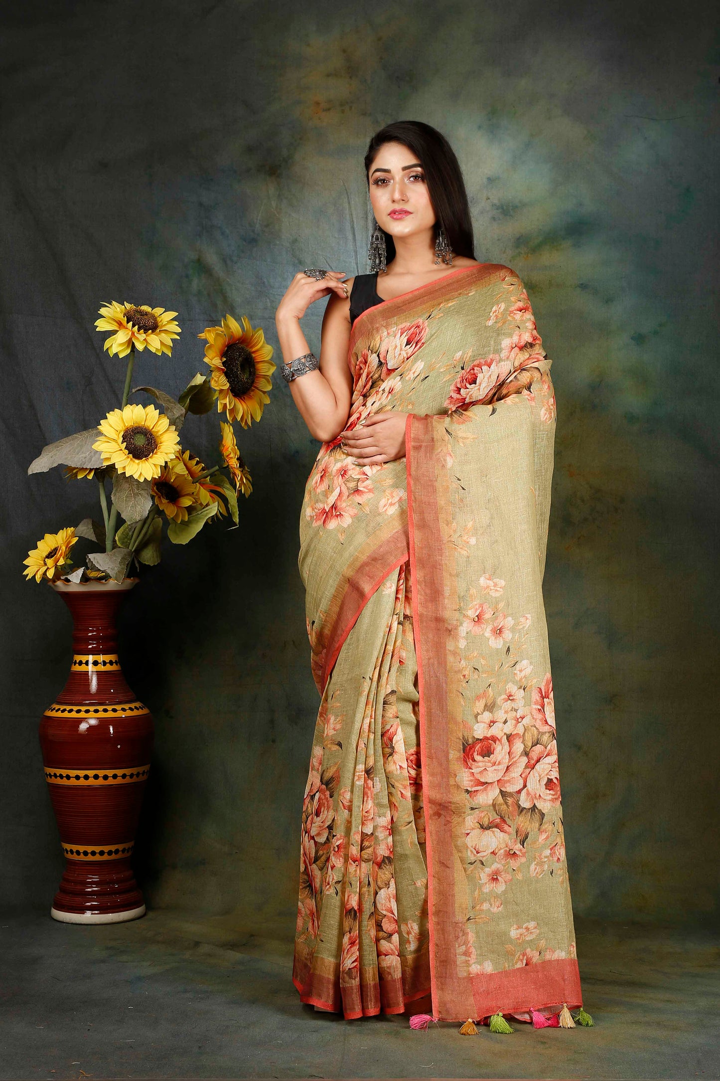 Mehandi floral digitally printed linen saree