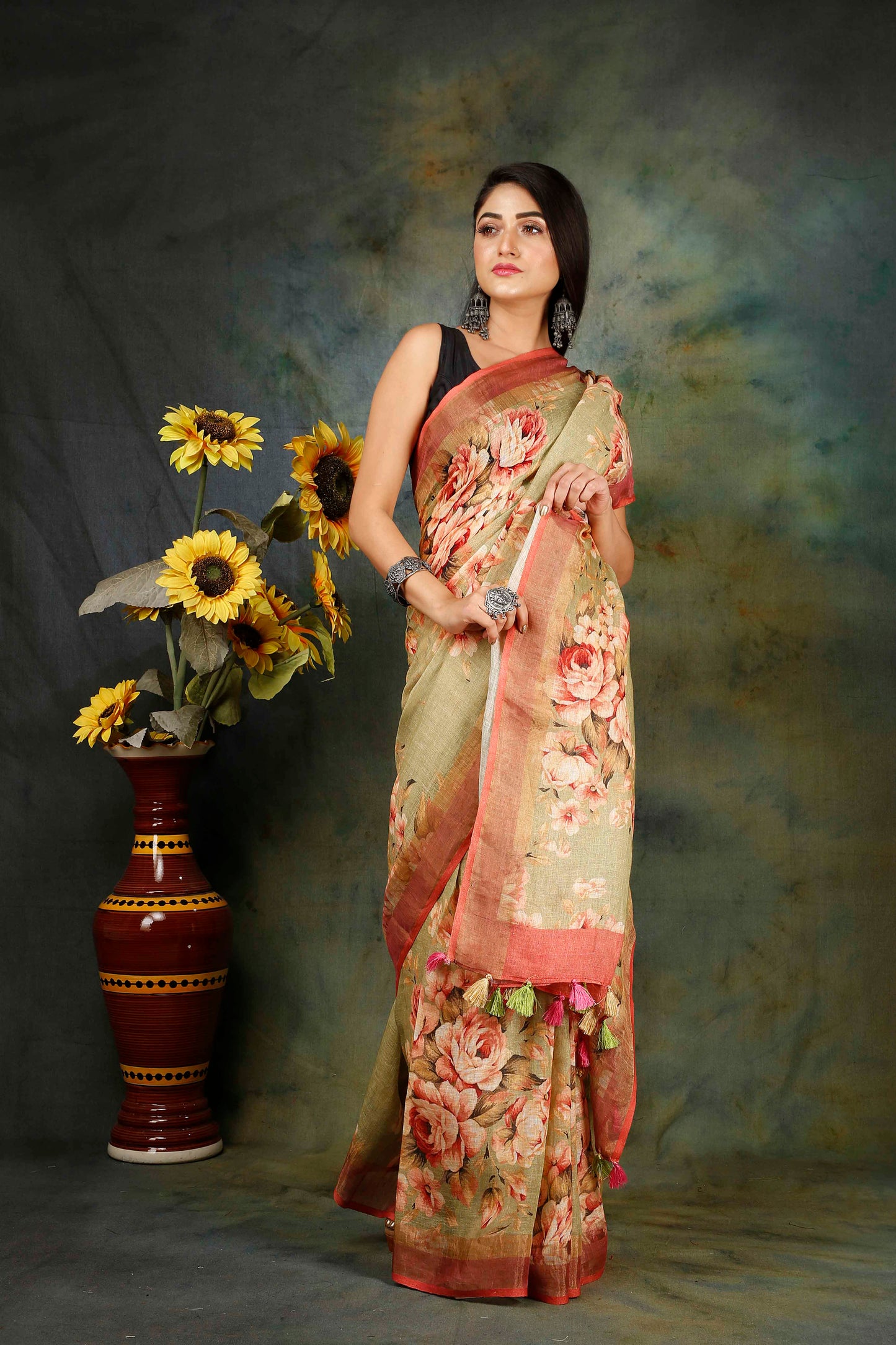 Mehandi floral digitally printed linen saree
