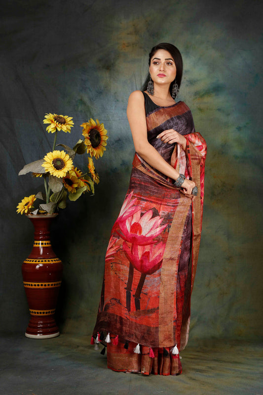 Lotus grey digitally floral printed linen saree