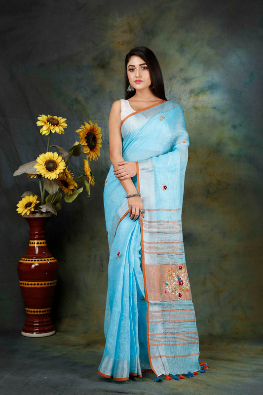 Linen hand embroidery sky blue zari saree