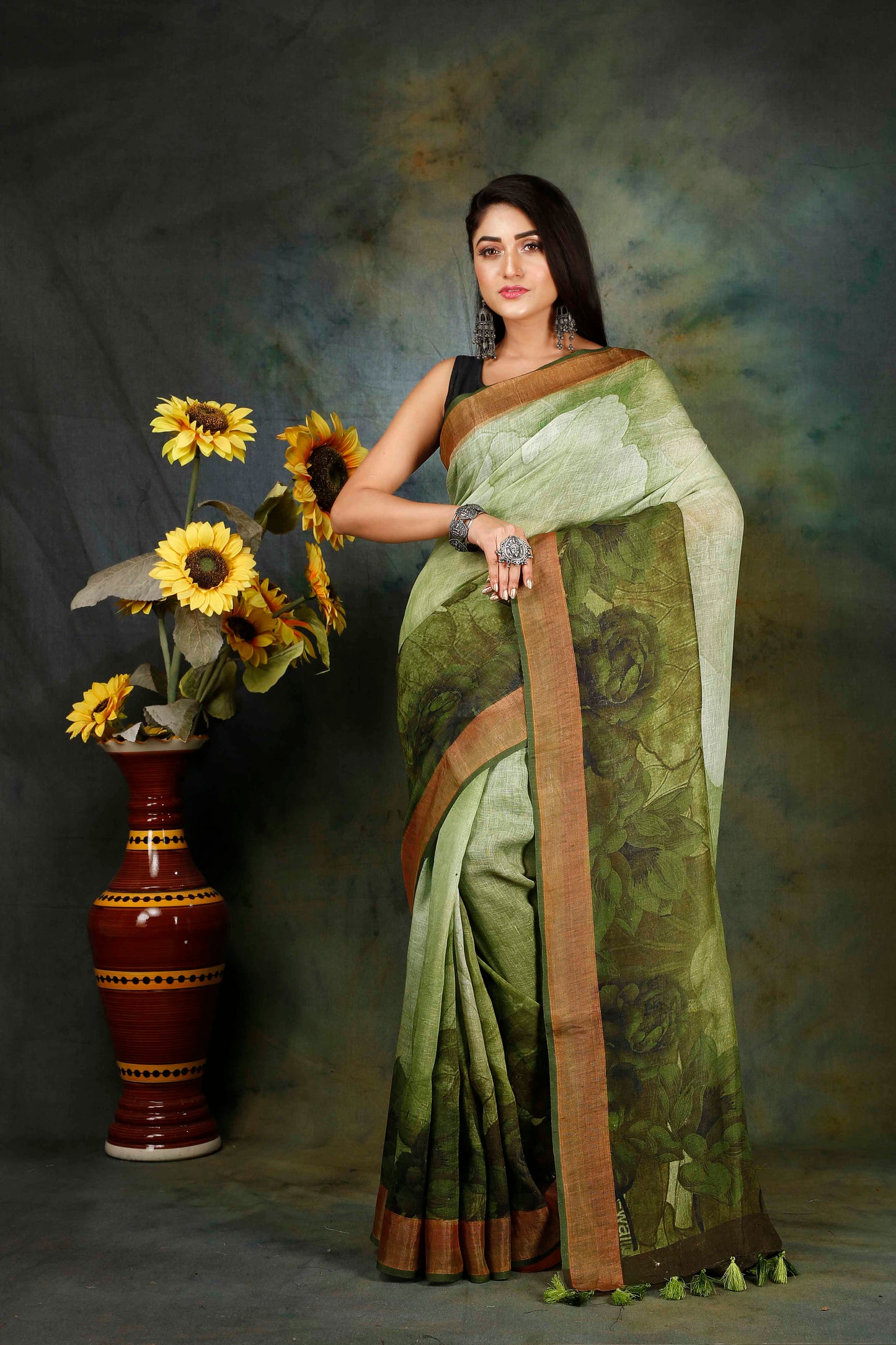 Gredient green digitally printed linen saree