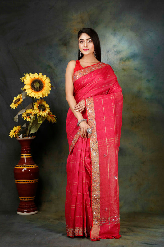 Linen hand embroidered zari dark pink saree