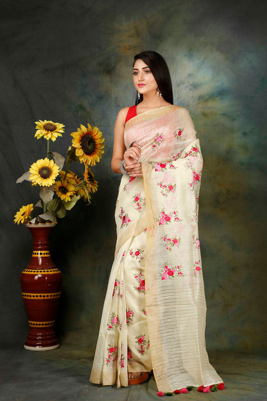 Silk Linen embroidered saree