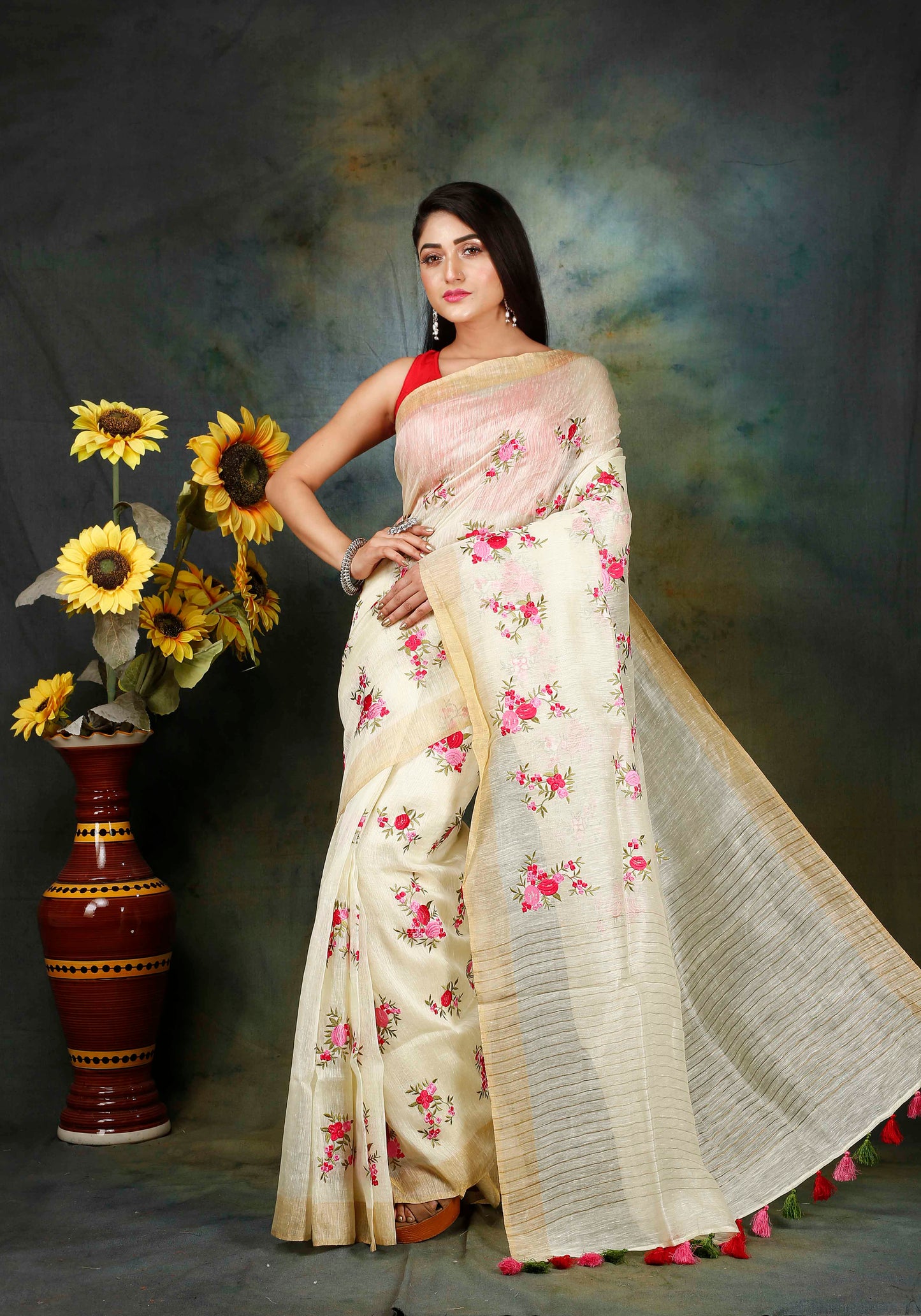 Silk Linen embroidered saree