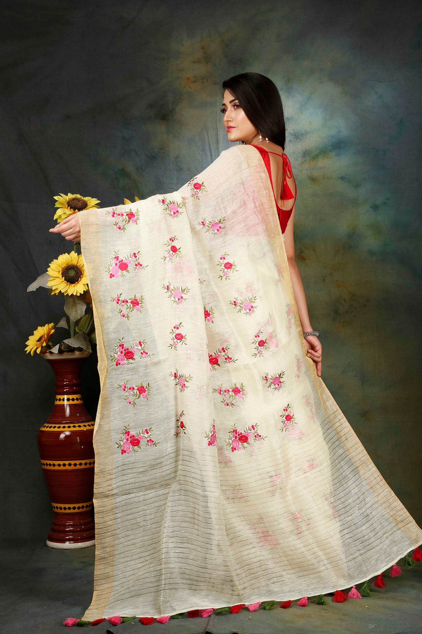 Silk Linen embroidered saree