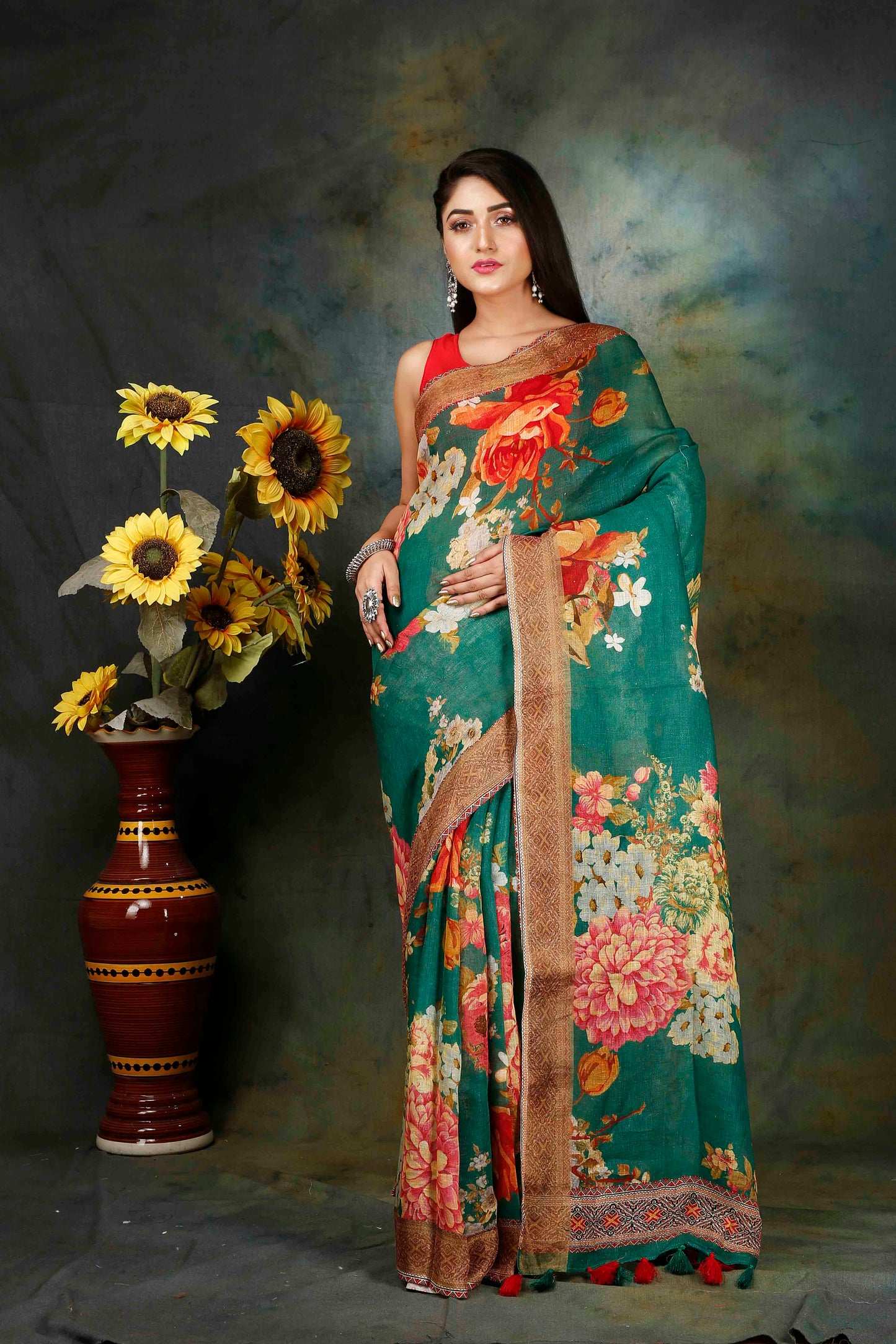 Sap floral digitally printed linen saree