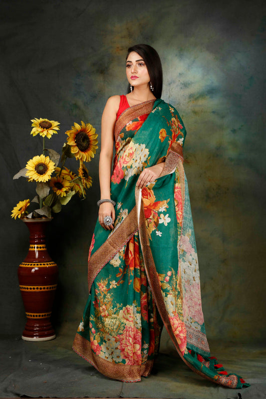 Sap floral digitally printed linen saree