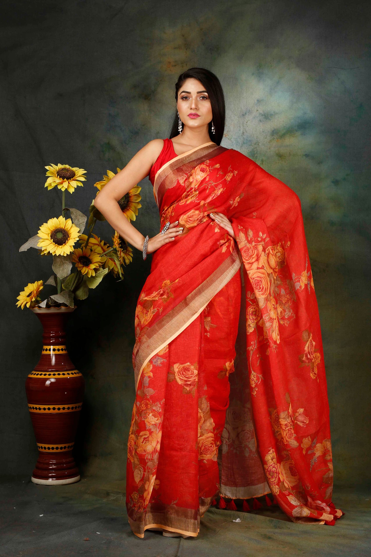 Red floral digitally printed linen saree