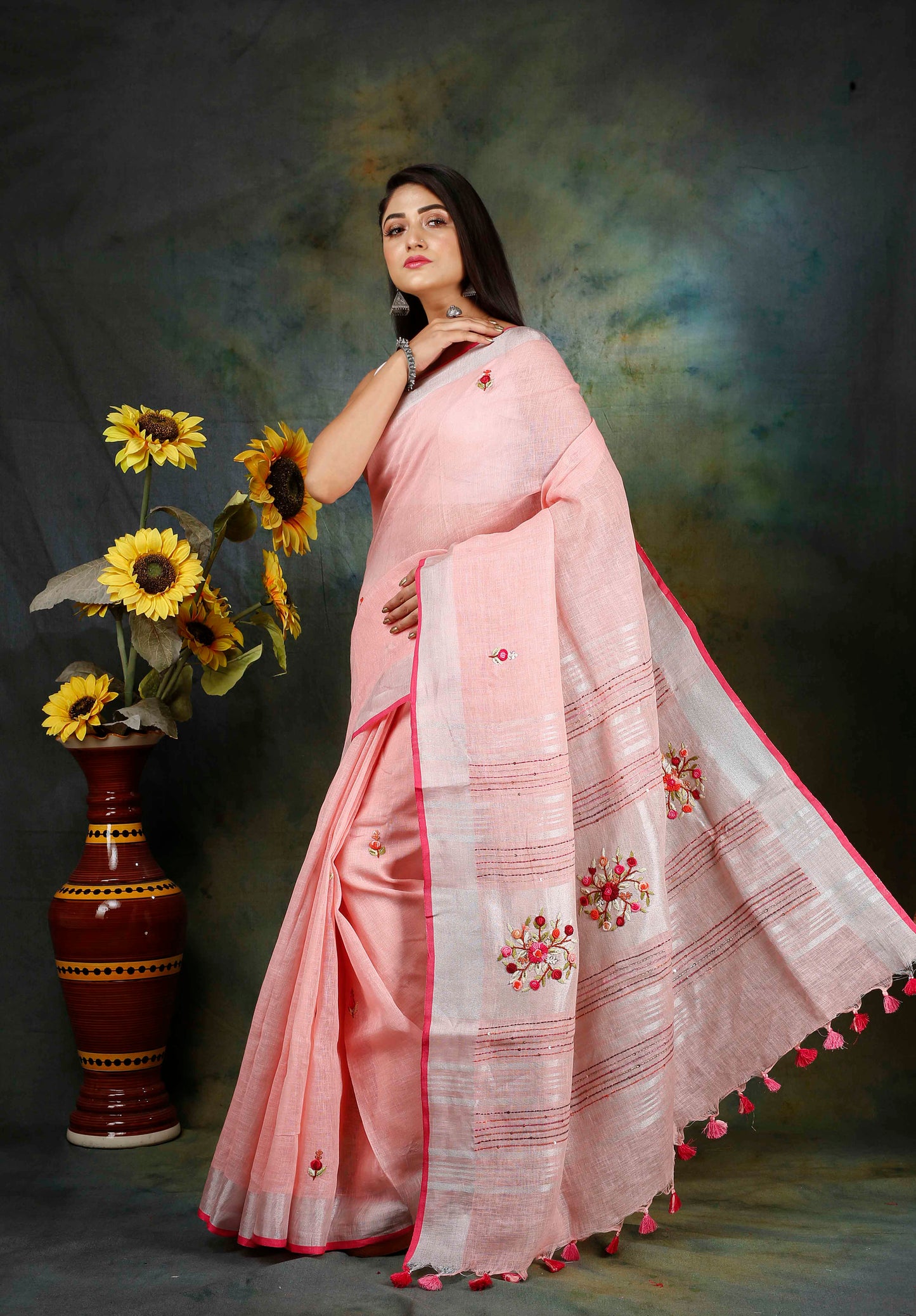 Linen Hand embroidered pink zari saree