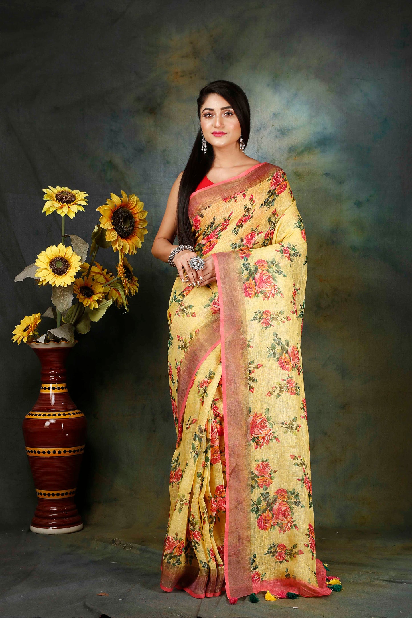 Yellow floral digitally printed linen saree