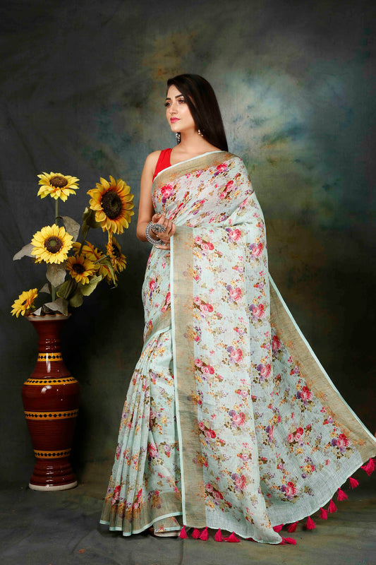 Pastel floral digitally printed linen saree