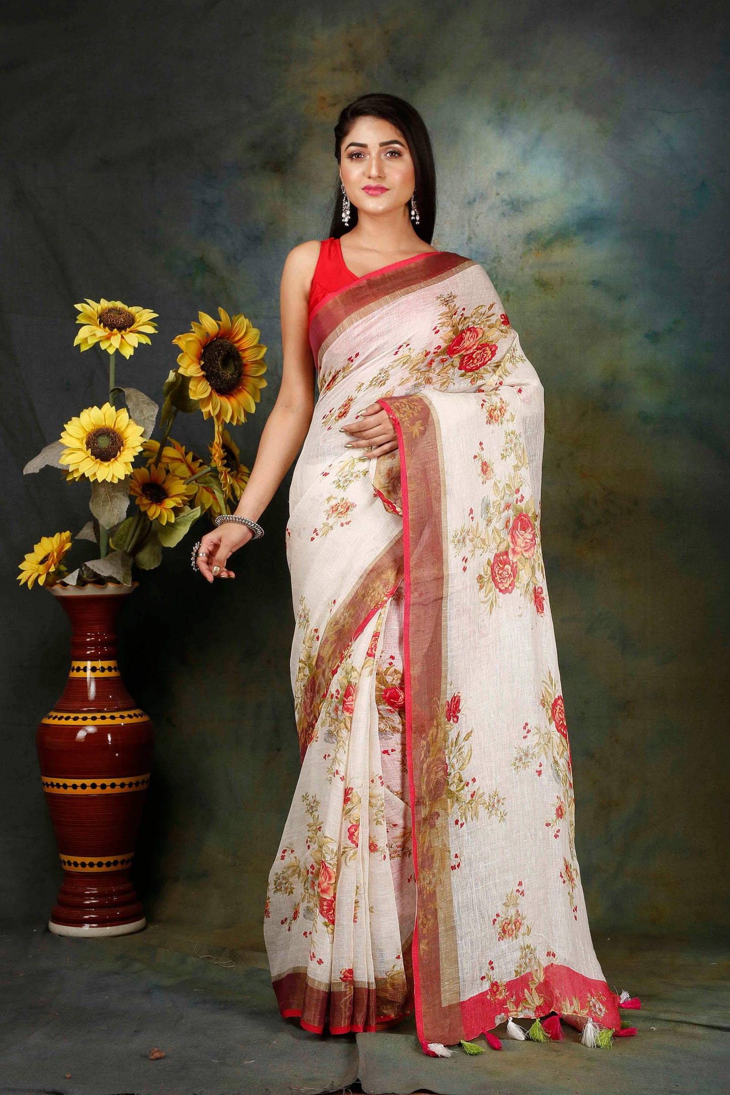 Off white floral digitally printed linen saree