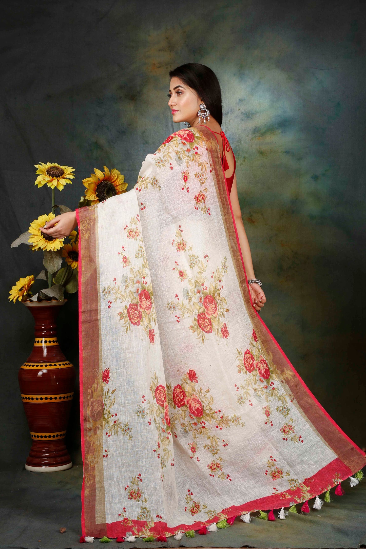Off white floral digitally printed linen saree