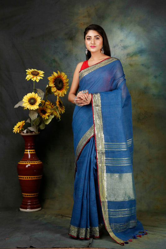 Blue Linen Embroidered Saree