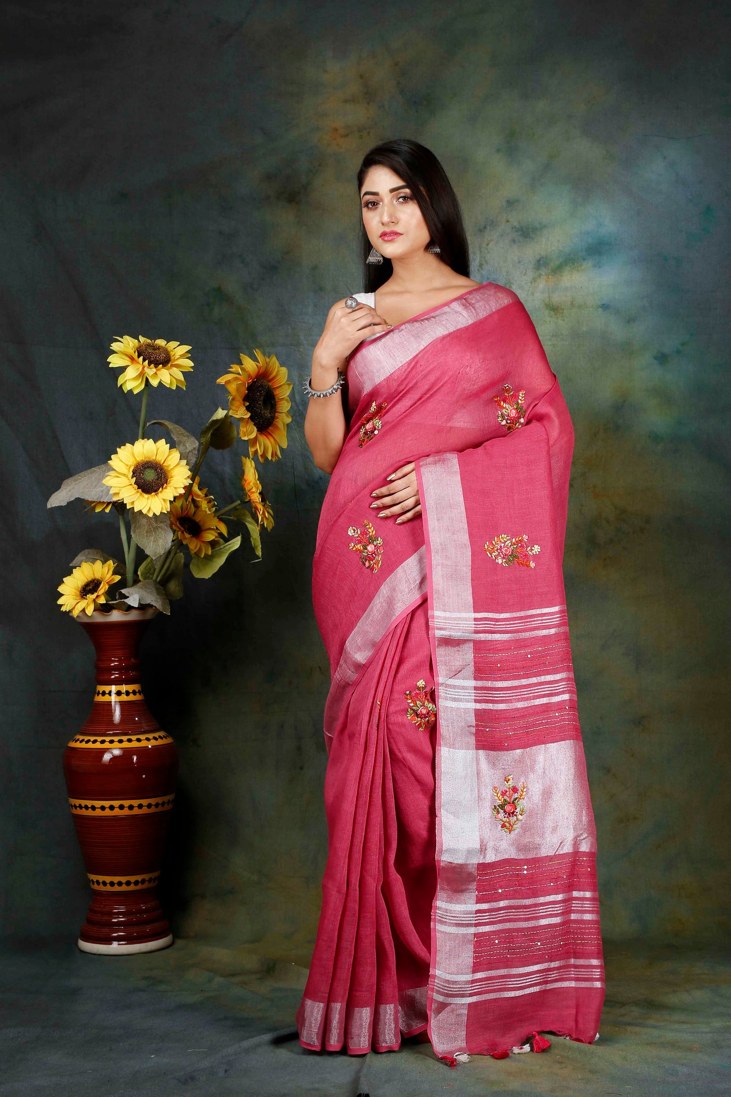 Linen Hand embroidered rani pink zari saree