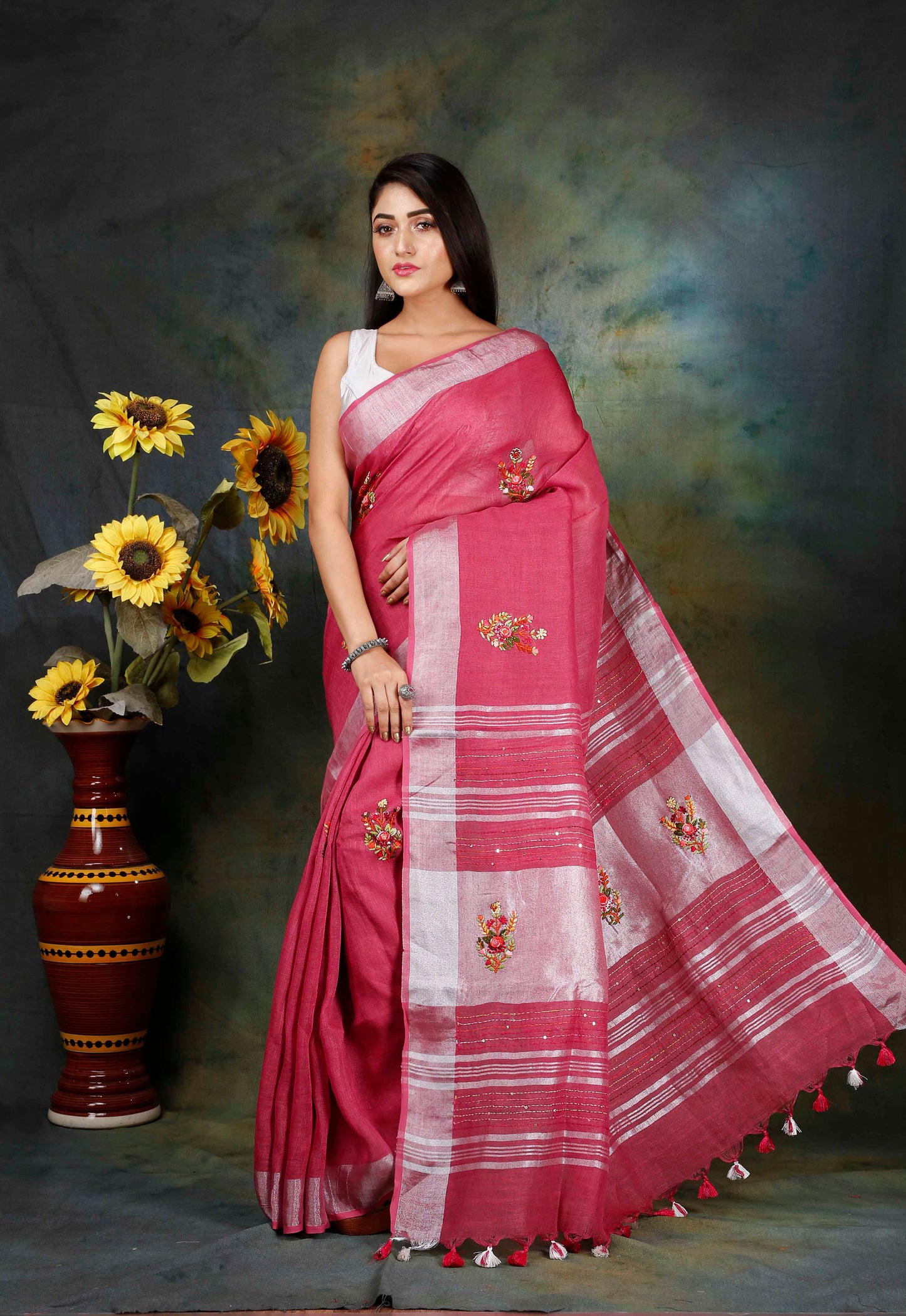 Linen Hand embroidered rani pink zari saree