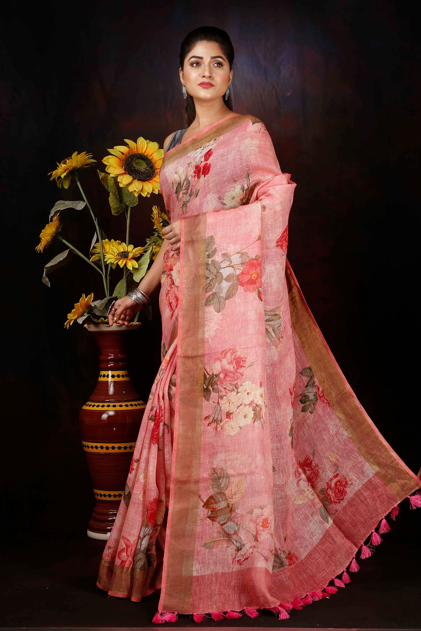 Pink Floral digitally printed linen saree