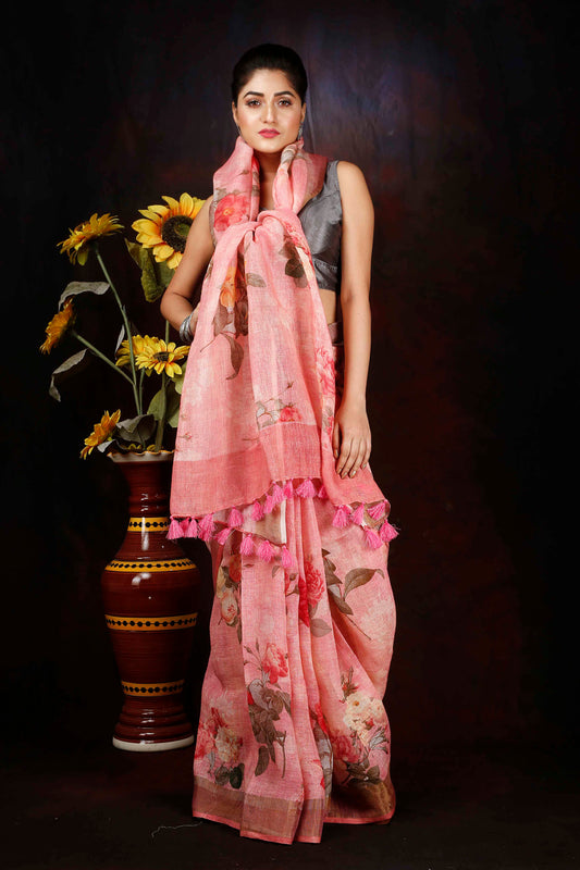 Pink Floral digitally printed linen saree