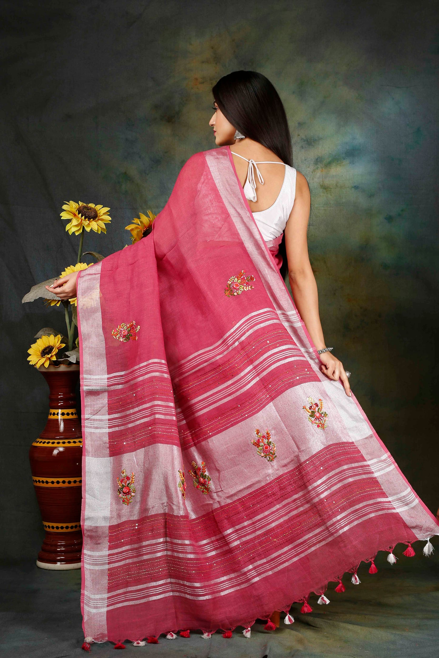 Linen Hand embroidered rani pink zari saree