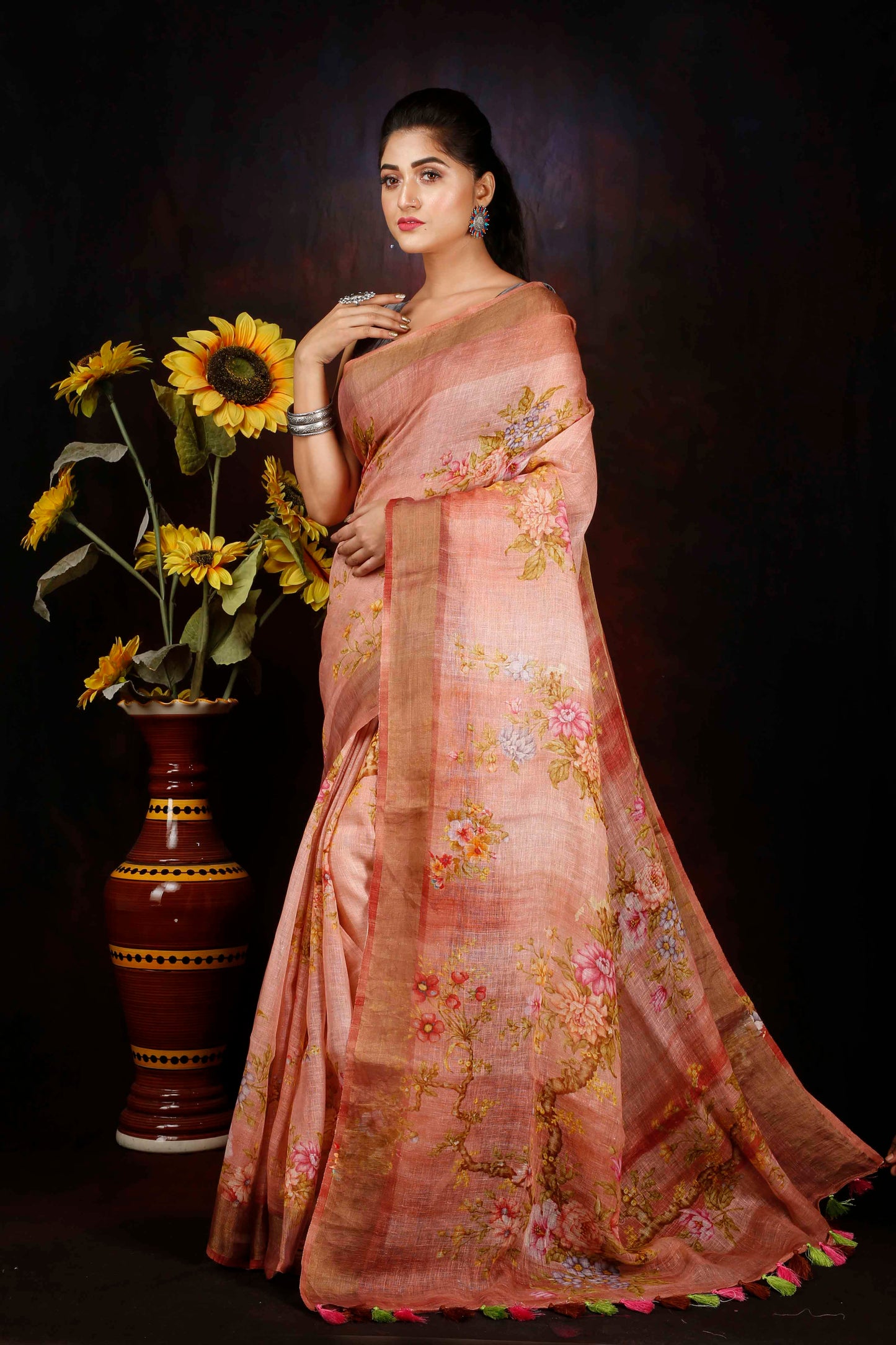Pastel pink digitally printed linen saree