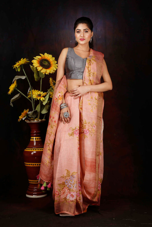 Pastel pink digitally printed linen saree