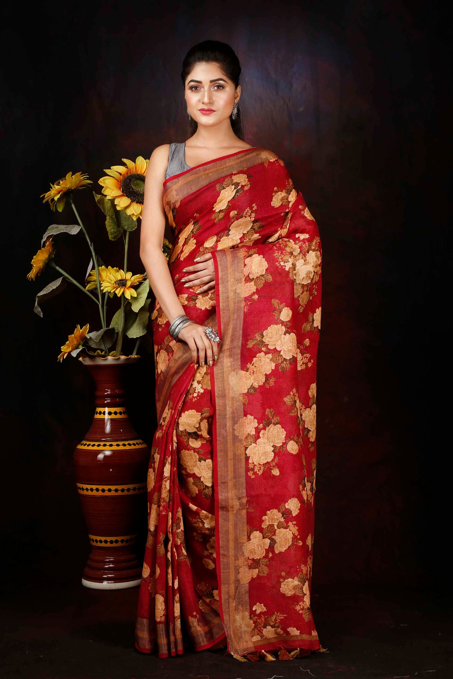 Elegant red floral digitally printed linen saree