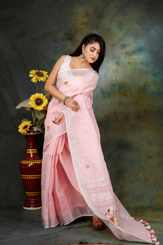 Linen Hand embroidered baby pink zari saree