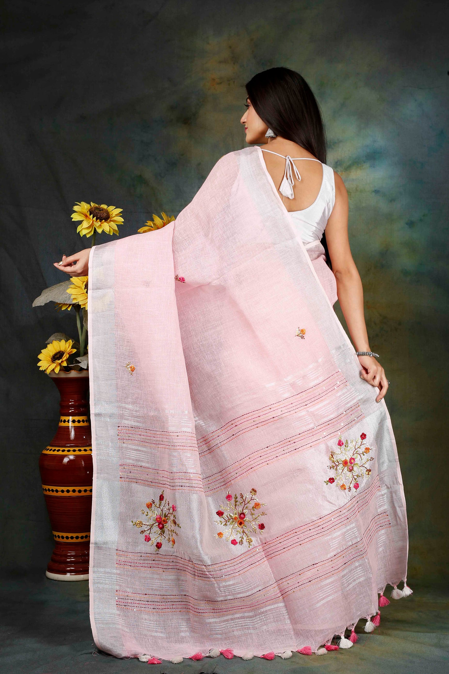 Linen Hand embroidered baby pink zari saree