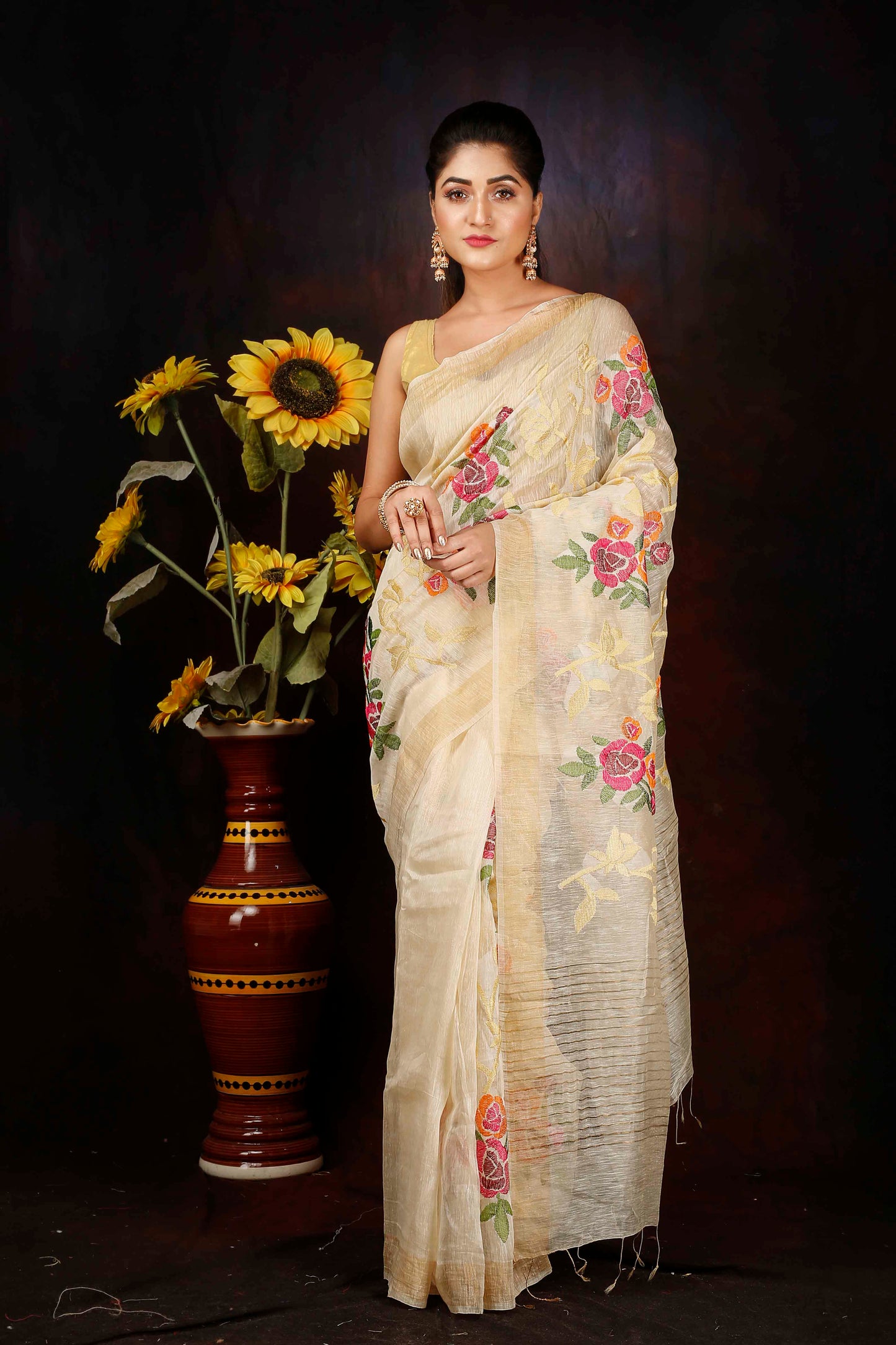 Silk linen hand embroidered saree