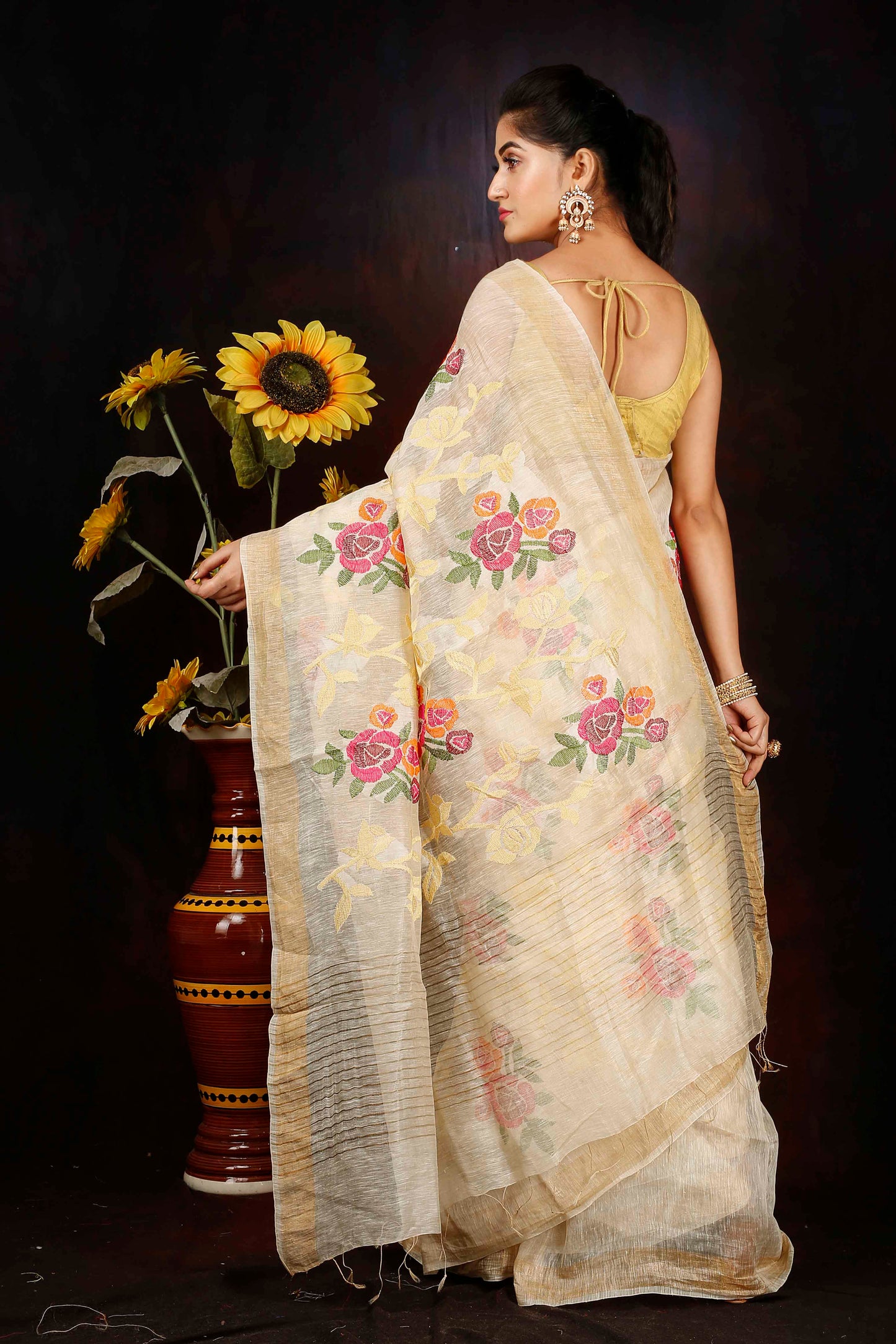 Silk linen hand embroidered saree