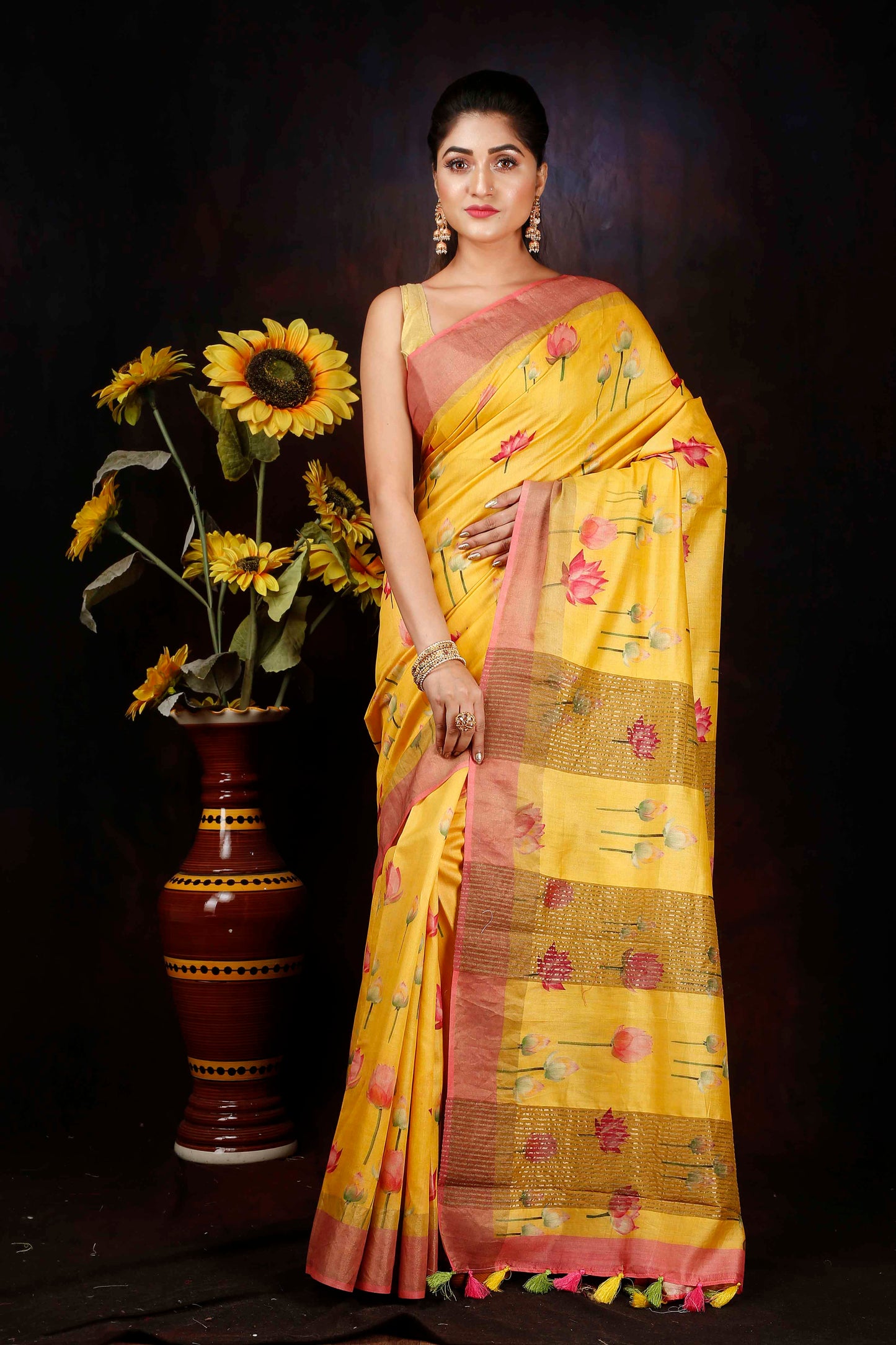 Tussar silk floral digitally printed yellow zari saree