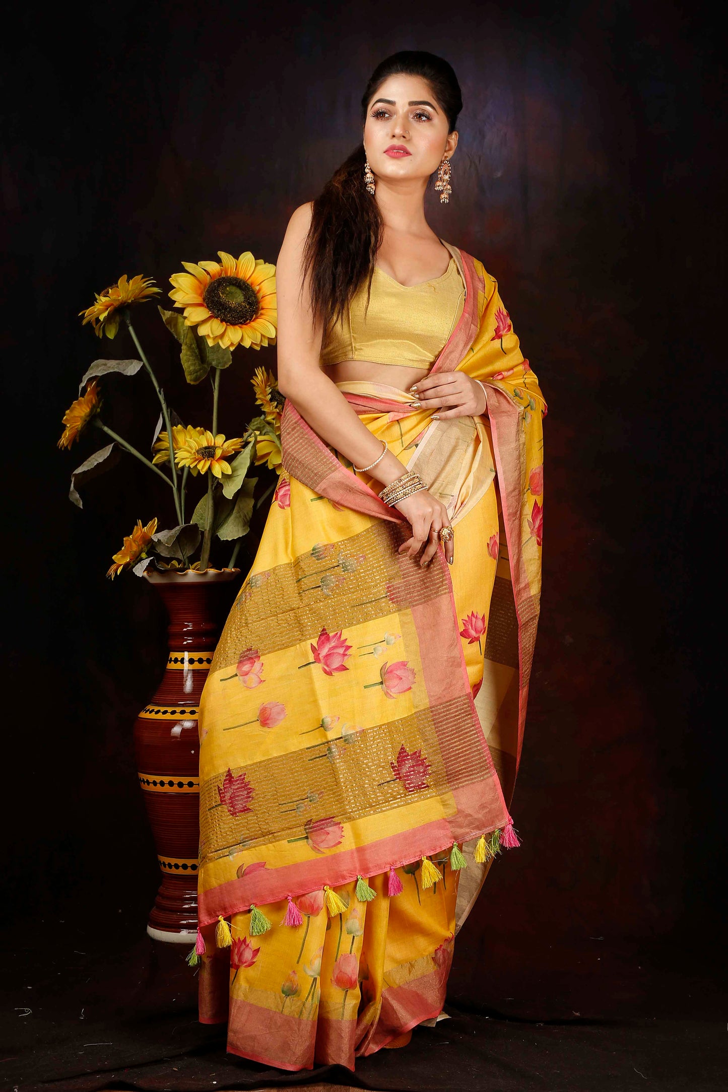 Tussar silk floral digitally printed yellow zari saree