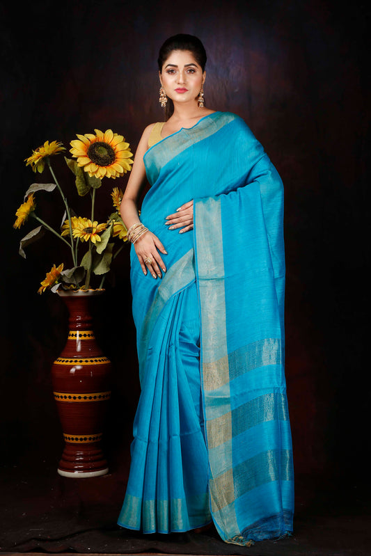 Vivid Sky Blue Tassar silk woven borders saree