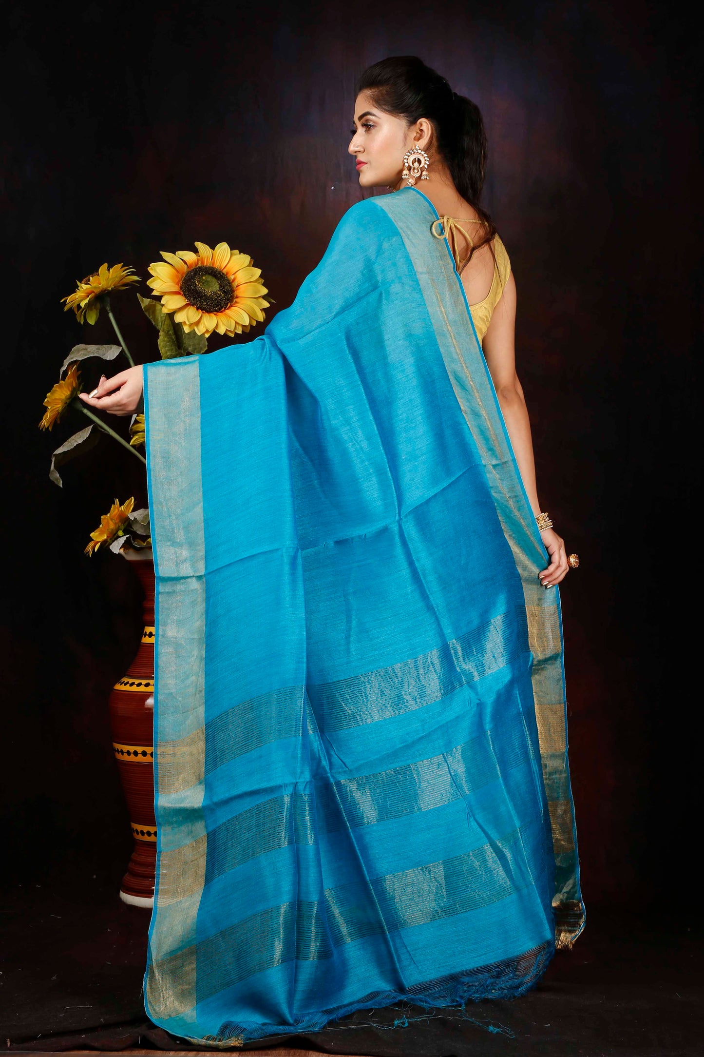 Vivid Sky Blue Tassar silk woven borders saree