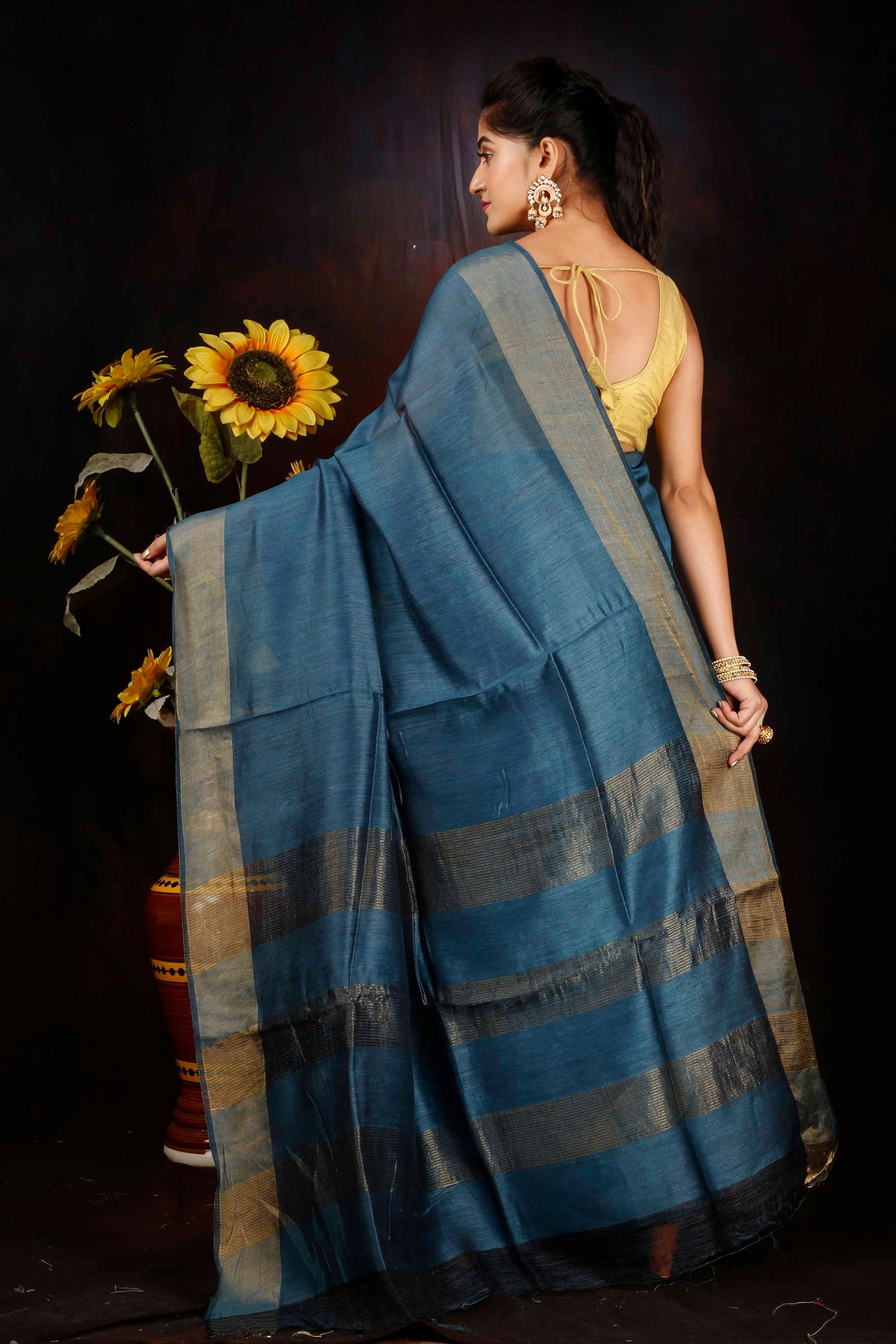 Royal Indigo Tassar silk zari border saree