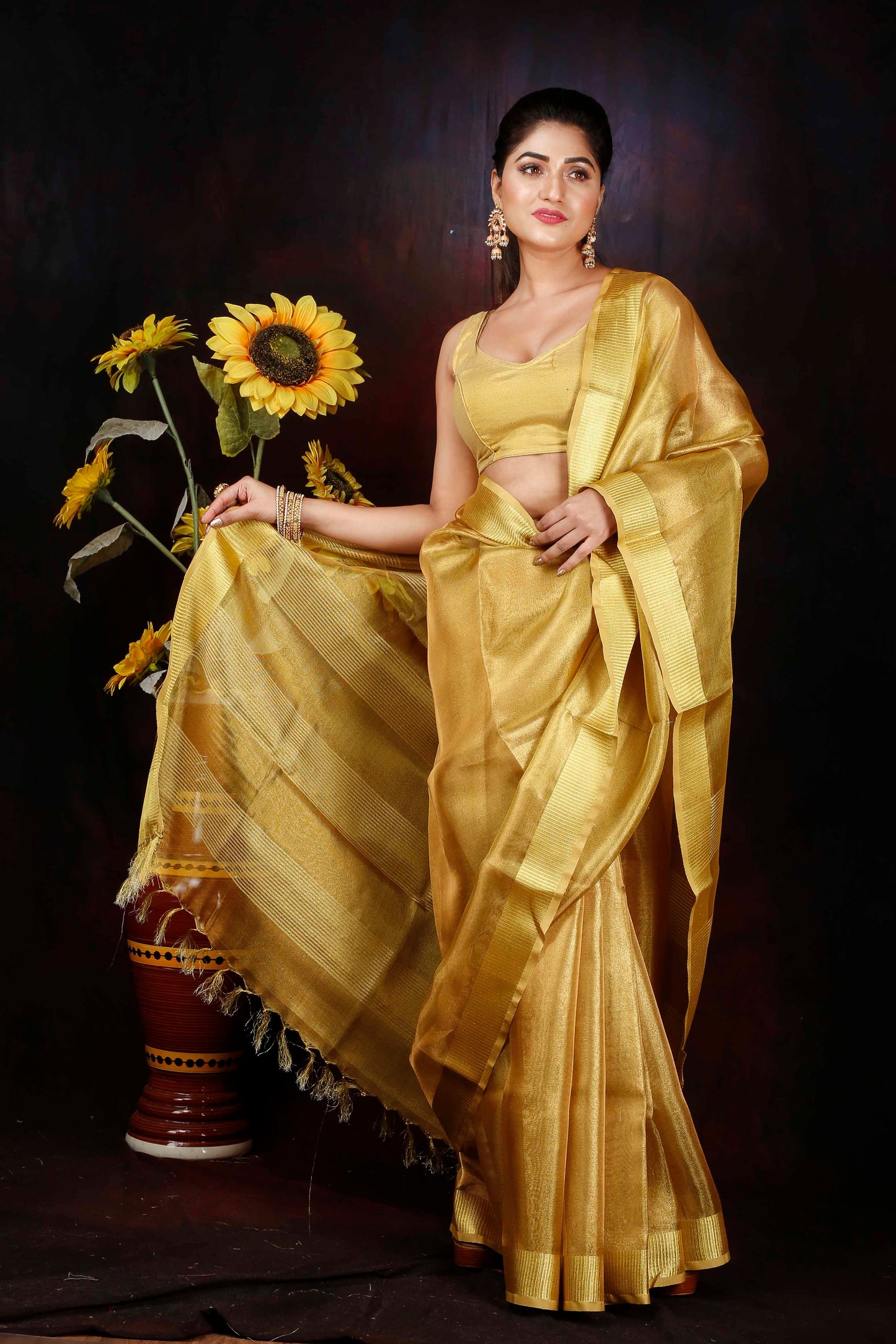 Gold Tissue Linen silk zari woven border saree