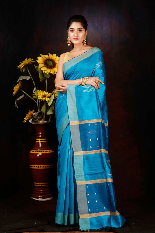 Premium Blue Dupion silk zari woven border saree